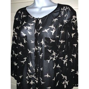 Sejour Blouse Sz 14W Plus Black Ivory Birds Pintucked Button Front Sheer VGUC